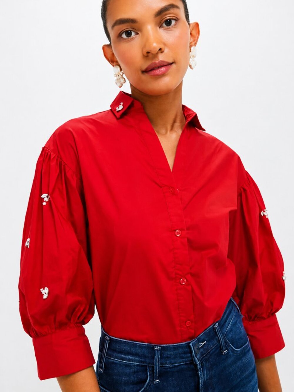 The Shirt by Rochelle Behrens NEW Red Bara with Rhinestone Puff Sleeves SZ Small